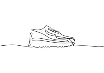 Continuous one line drawing of sneakers. Sports shoes in a minimalist style. Tourist traveler concept isolated on white background. Vector illustration fashionable and casual for man or woman