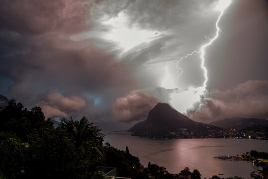 Thunderstorm with heavy lightning in Lugano, Switzerland