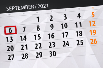 Obraz premium Calendar planner for the month september 2021, deadline day, 6, monday