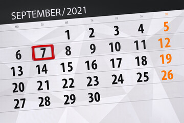 Obraz premium Calendar planner for the month september 2021, deadline day, 7, tuesday