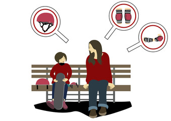 公園でスケートボードの練習前に、ベンチで子供にプロテクターの大切さを説明する母親のイラスト