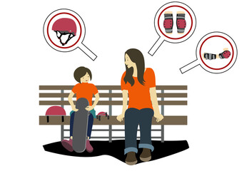 公園でスケートボードの練習前に、ベンチで子供にプロテクターの大切さを説明する母親のイラスト