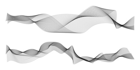 Waves abstract. Graphic line sonic or sound wave elements. Black curve lines dynamic forms, smoke or water backdrop, horizontal background, wallpaper design vector isolated on white set
