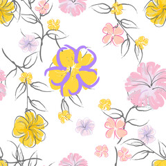 Pink Flowers Blooming Pattern. Pastel Watercolor.