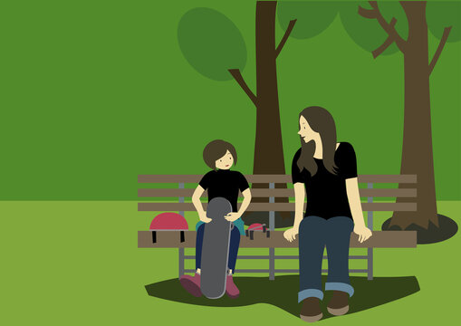 イラスト素材：公園でスケートボードの練習前にベンチで話をする親子のイラスト（背景・コピースペースあり）