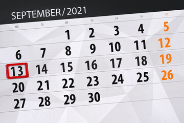 Calendar planner for the month september 2021, deadline day, 13, monday