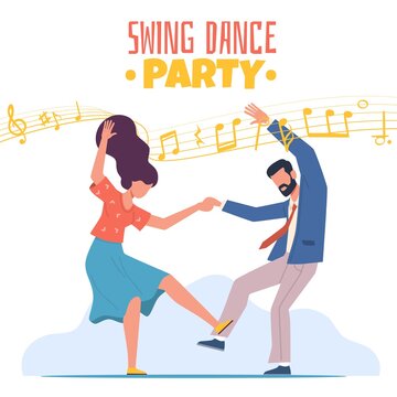 Boogie Woogie Dancing. Happy Couple Man And Woman On Swing Dance Party. Retro Disco Entertainment Show, Rock N Roll Music, Poster On Invitation Card. Vector Flat Cartoon Isolated Concept