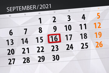 Obraz premium Calendar planner for the month september 2021, deadline day, 16, thursday