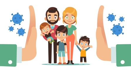 Family is protected. Mother father and kids and molecules attacks, huge hands stop gesture, contagious diseases prevention, illness treatment. Vector flat cartoon isolated concept