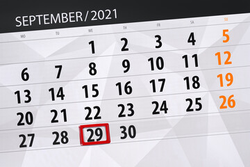 Obraz premium Calendar planner for the month september 2021, deadline day, 29, wednesday