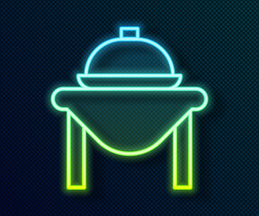 Glowing neon line Table food icon isolated on black background. Vector