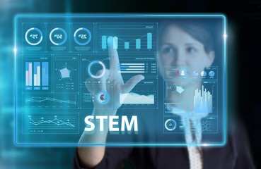 Business, Technology, Internet and network concept. Young businessman working on a virtual screen of the future and sees the inscription: STEM