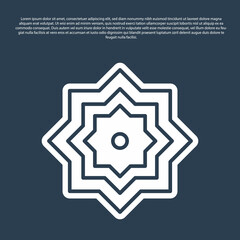 Blue line Islamic octagonal star ornament icon isolated on blue background. Vector