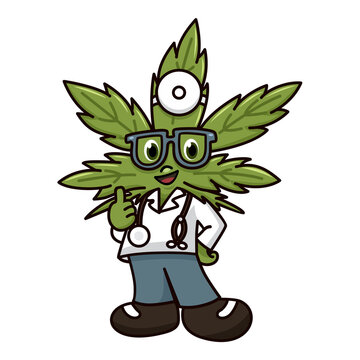 Cute cartoon cannabis character design in medical suit.
