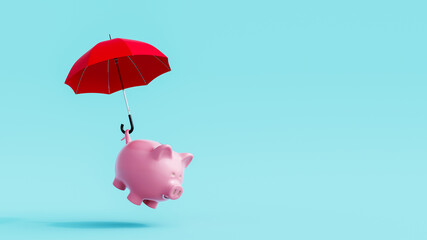 Piggy bank lifted by red umbrella on blue background. Savings growth concept 3D Rendering, 3D...