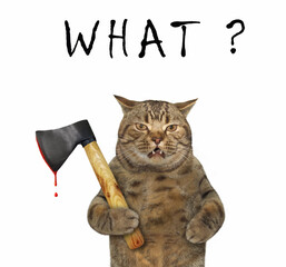 A beige cat is holding a big axe for Halloween. White background. Isolated.