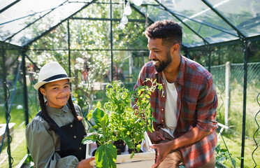 Happy young brother with small sister working outdoors in backyard, gardening and greenhouse concept.