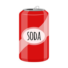 An open red soda can. Sweet soda, fast food, drink, harmful to teeth. Flat cartoon style, isolated on a white background.Color vector illustration - obrazy, fototapety, plakaty