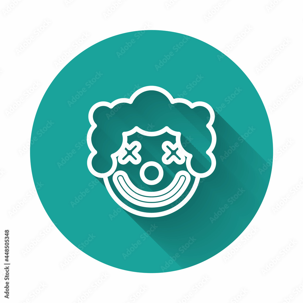 Wall mural white line clown head icon isolated with long shadow background. green circle button. vector