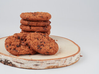 Chocolate cookies with milk. Sweet cookies. Homemade cookies. Delicious breakfast.