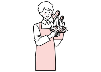 鉢植えの花を持つ男性店員