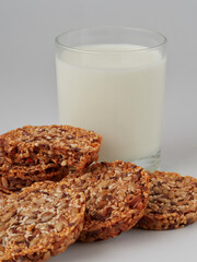 Chocolate cookies with milk. Sweet cookies. Homemade cookies. Delicious breakfast.