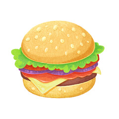 Hamburger with meat, cheese, onions, tomatoes, ketchup, salad, sesame seeds. Colored, textured food for design use. Illustration on a white background, hand-drawn digital graphics