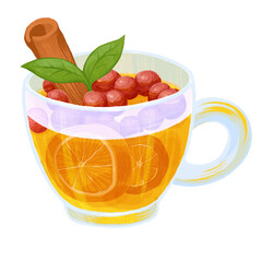 Cup of hot orange tea with cinnamon and berries. Transparent cup with mint and lemon. Illustration on a white background, hand-drawn digital graphics