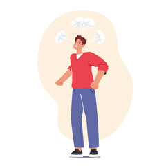 Furious Angry Man Gnash Teeth with Smoke above Head, Fury and Rage. Outraged Male Character with Aggressive Expression