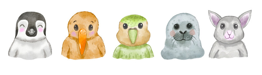 Watercolor set of cute New Zealand animal faces on white background. Hand drawn characters.