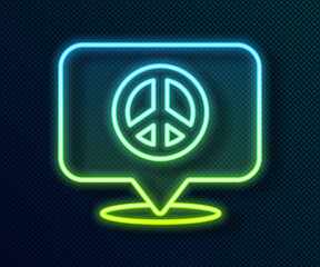 Glowing neon line Location peace icon isolated on black background. Hippie symbol of peace. Vector