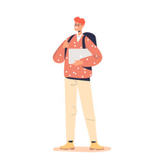 Teenage boy schoolboy with backpack and laptop. Growing pupil or student. Teenager stage of aging