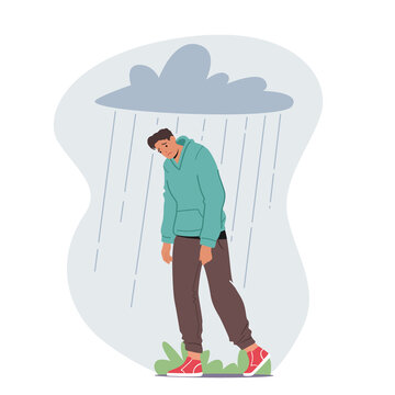 Depressed Anxious Man Suffer of Depression or Anxiety Problem Feel Frustrated Walking under Rainy Cloud above Head