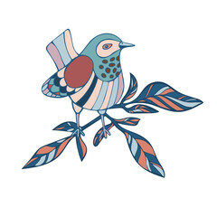 Isolated colorful vector design with lined silhouette of cute bird on branch with flowers