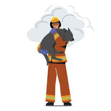Fireman Saving Dog from Fire. Strong Firefighter in Protective Costume and Helmet Holding Animal on Hands