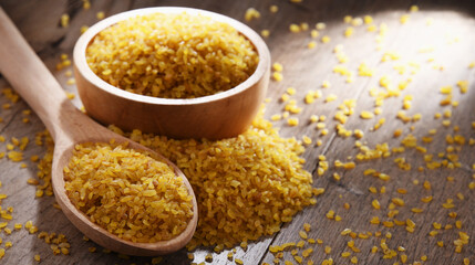 Composition with a bowl and spoon of uncooked bulgur on a table