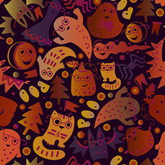 Colorful vector abstract seamless pattern of Halloween attributes, pumpkins, cats, and ghosts