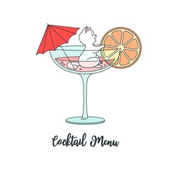 Cocktail Menu. Illustration of a happy white cat sitting in a cocktail glass decorated with cocktail umbrella and holding an orange slice in his paws. Can be used as a banner or menu cover.