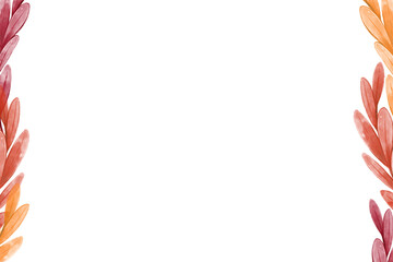 Autumn leaf frame, template for design with orange and red tree branches around the edges of the leaf. Watercolor illustration on a white background