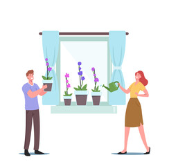 Man and Woman Characters Spraying and Watering Orchid Phalaenopsis Flowers on Windowsill Enjoying Gardening Hobby