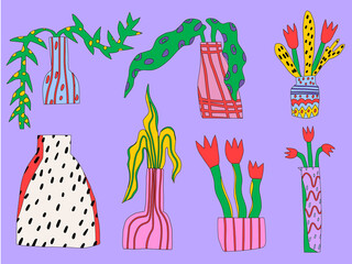 vector set of plants in vases. Interior pots, bouquets, leaves and branches.Collection of homemade flowers in pots.Childish hand drawn color style.Home greenhouse and garden.Isolated botanic stickers 