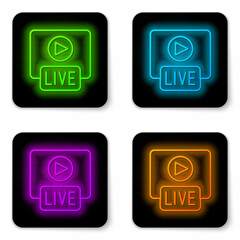 Glowing neon line Live streaming online videogame play icon isolated on white background. Black square button. Vector