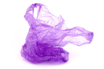 Closeup of used purple plastic disposable bag on white  background