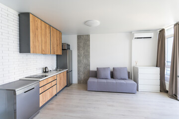 Kitchen and living room of loft apartment