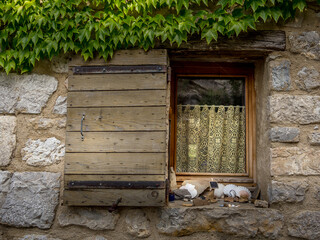 Small window of an old stone house in Provence