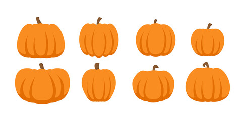 Pumpkin flat icons set. Halloween pumpkin set. Thanksgiving, harvesting the farm. Simple cartoon colorful vector illustration isolated on white