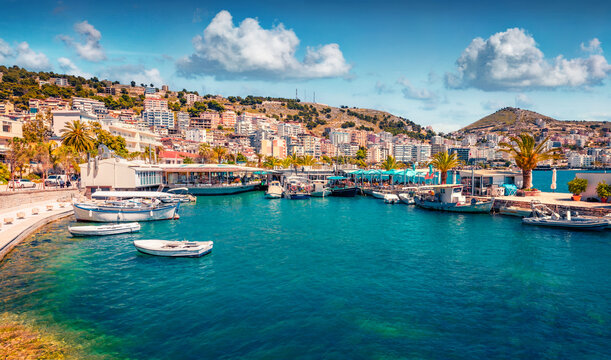 Wonderful spring cityscape of Saranda port. Marvelous Ioninian seascape. Exciting morning scene of Albania, Europe. Traveling concept background.