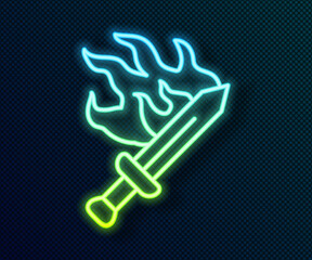 Glowing neon line Sword for game icon isolated on black background. Vector