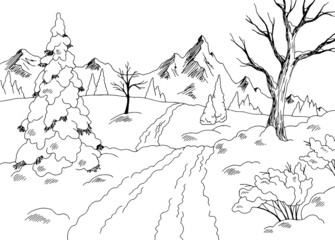 Winter road graphic black white sketch landscape illustration vector 