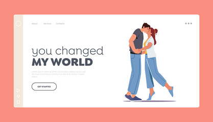 Loving Couple Kissing Landing Page Template. Young People Spend Time Together Holding Hands. Characters Fall in Love